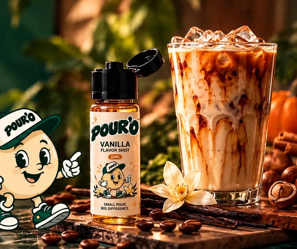 Buzlu latte bardağına dökülen POUR'O şurubu