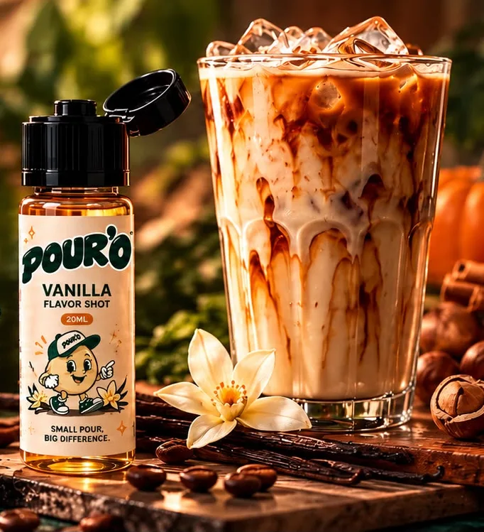 Buzlu kahveye dökülen POUR'O Caramel porsiyonu