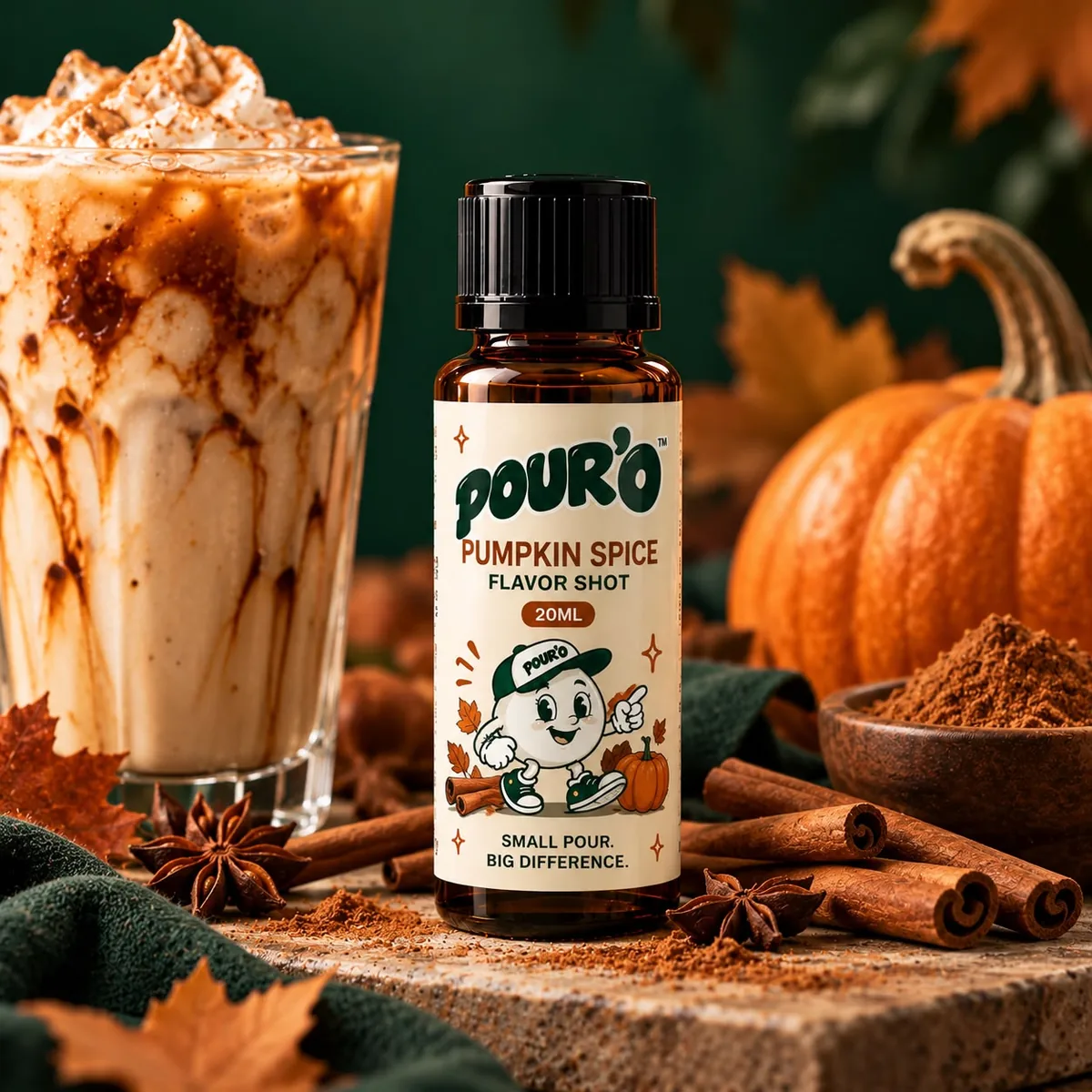 POUR'O Pumpkin Spice Flavor Shot 20 ml şişesi, balkabağı ve tarçın ile